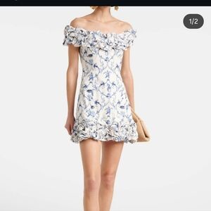 Agua Bendita Off-Shoulder Blue and White Floral Ruffle Mini Dress